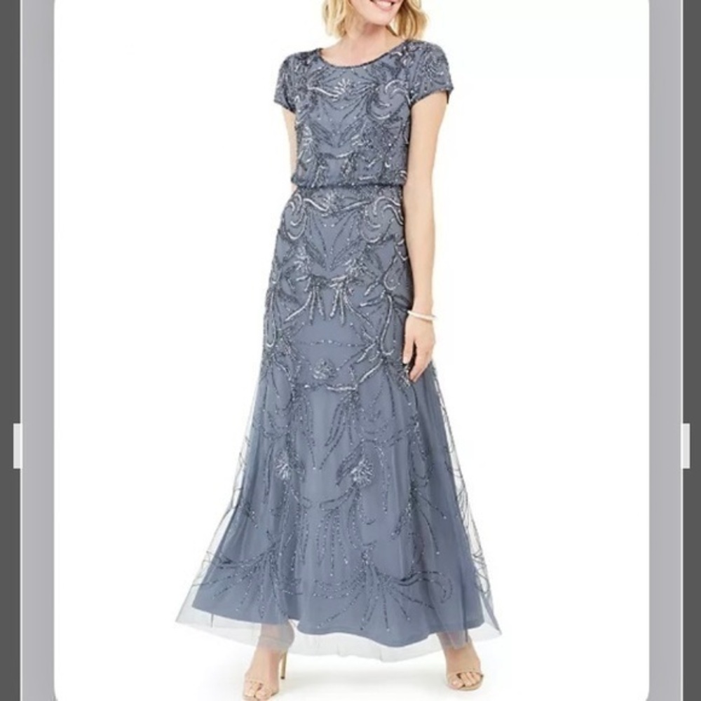 ADRIANNA PAPELL Scoop Neck Cap Sleeve Floral Beaded Gown in Dusty Blue